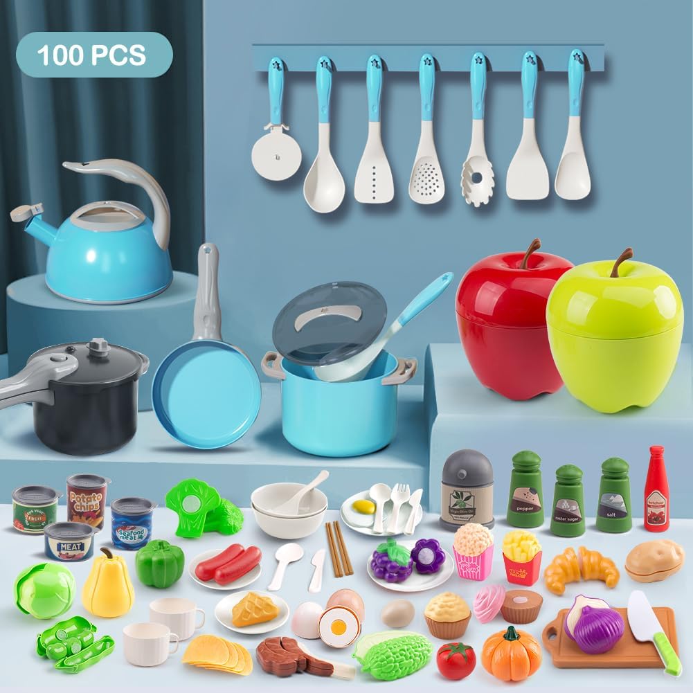 Juego de cocina de 100 piezas, ollas de juego de simulación para ni...