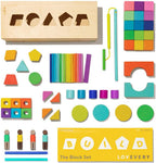 LOVEVERY | El Juego de Bloques | Bloques de Construcción de Madera Maciza y Formas + Caja de Almacenamiento de Madera, 70 Piezas, 18 Colores, Más de 20 Actividades, Juego de Bloques para Niños
