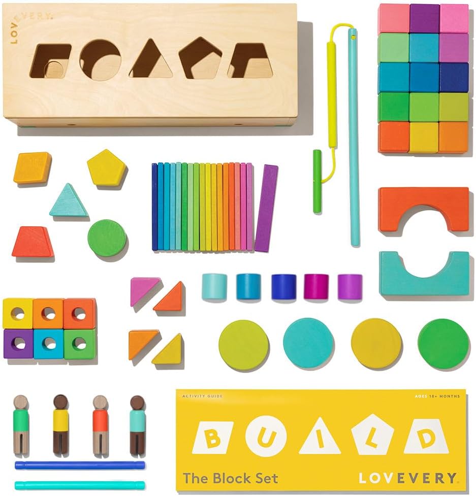 LOVEVERY | El Juego de Bloques | Bloques de Construcción de Madera Maciza y Formas + Caja de Almacenamiento de Madera, 70 Piezas, 18 Colores, Más de 20 Actividades, Juego de Bloques para Niños