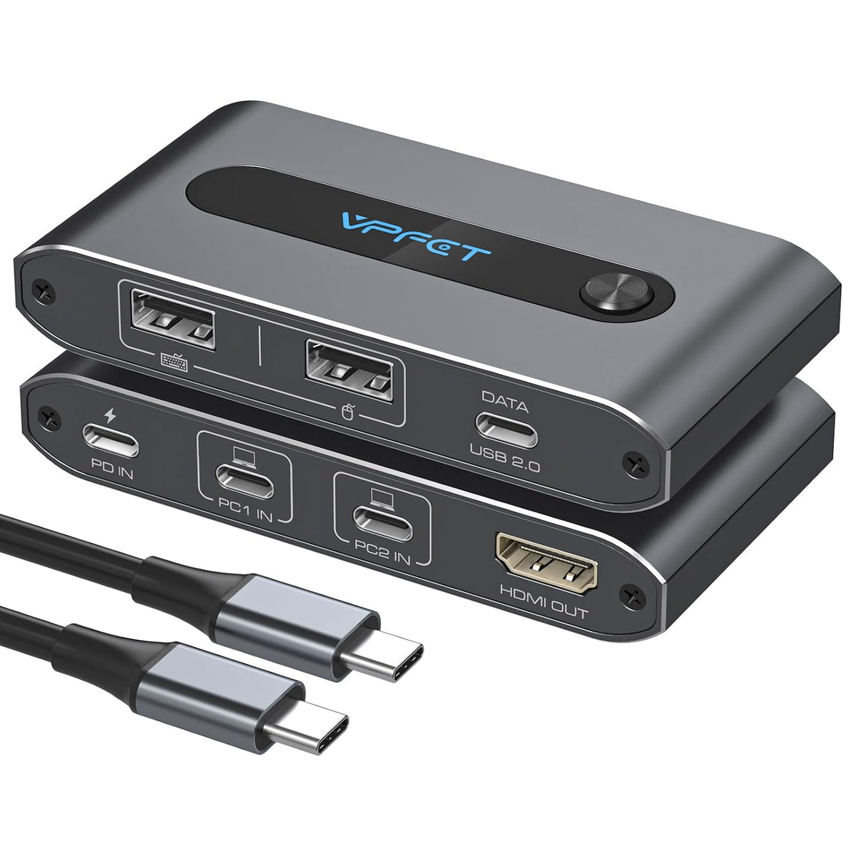 Conmutador KVM USB C 1 Monitores 2 Laptop 4K@60Hz HDMI KVM Switch 2 Puertos Compartir 1 Monitor Teclado Ratón Discos Duros Impresora Soporte 100W Carga para Laptop