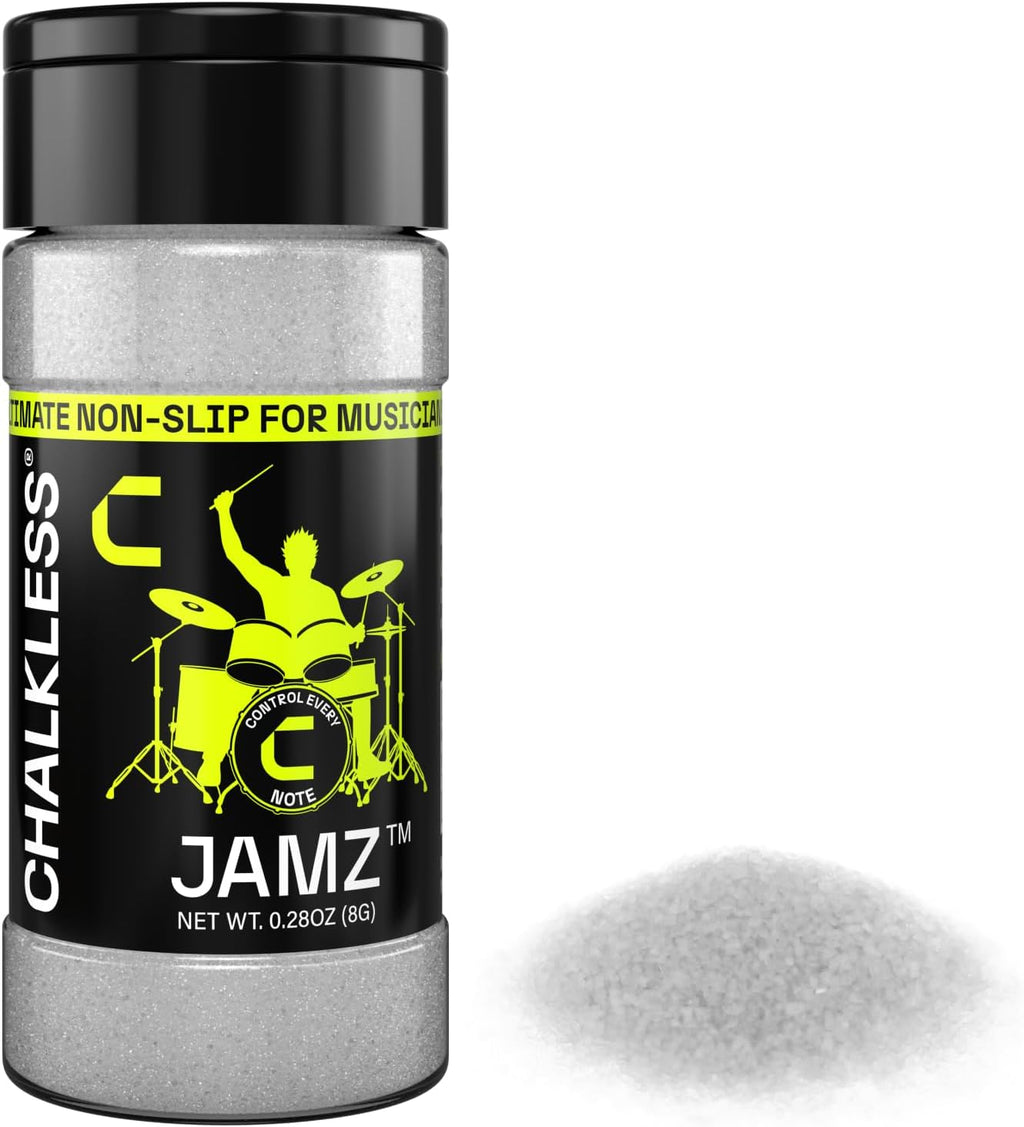 Chalkless Jamz Grip - Polvo para músicos, potenciador de agarre absorbente de aceite y alternativa de tiza de mano para baquetas, púas de guitarra, latón, probado en escenario para bateristas