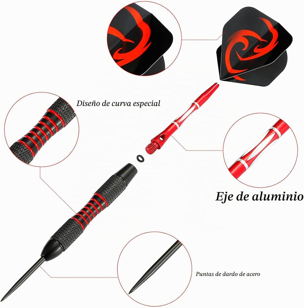 Juego de 12 dardos de punta de acero con barril de hierro antideslizante, ejes de dardos de aluminio y vuelos, afilador de dardos y caja de regalo