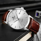 STARKING AM0184 Relojes automáticos de vestir para hombre, con parte trasera transparente, relojes de pulsera delgados casuales con fecha, resistente al agua a 5 ATM, acero inoxidable, correa de piel