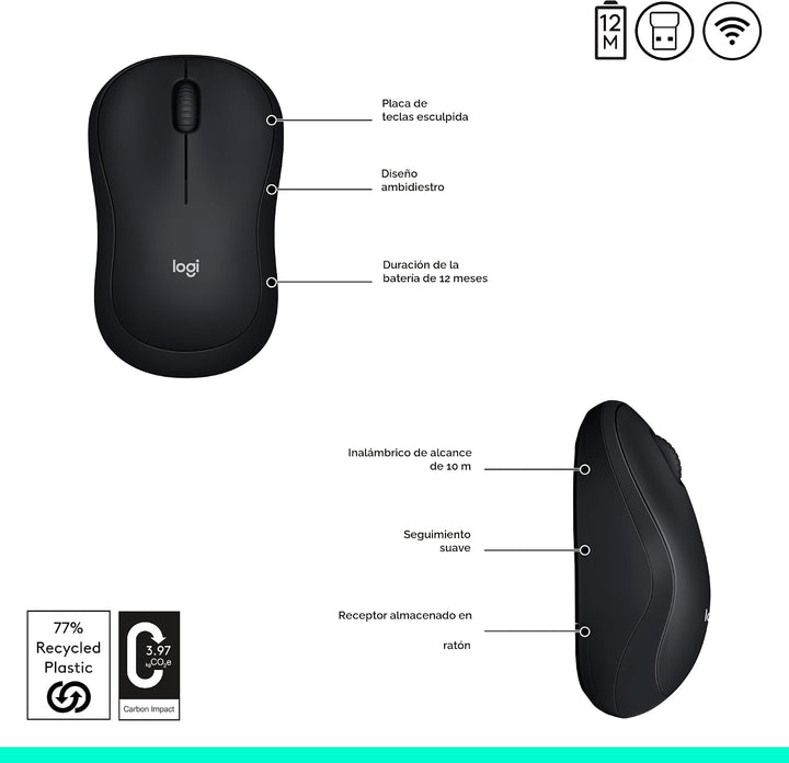 Logitech Ratón inalámbrico M185, 2.4 GHz con mini receptor USB, dur...