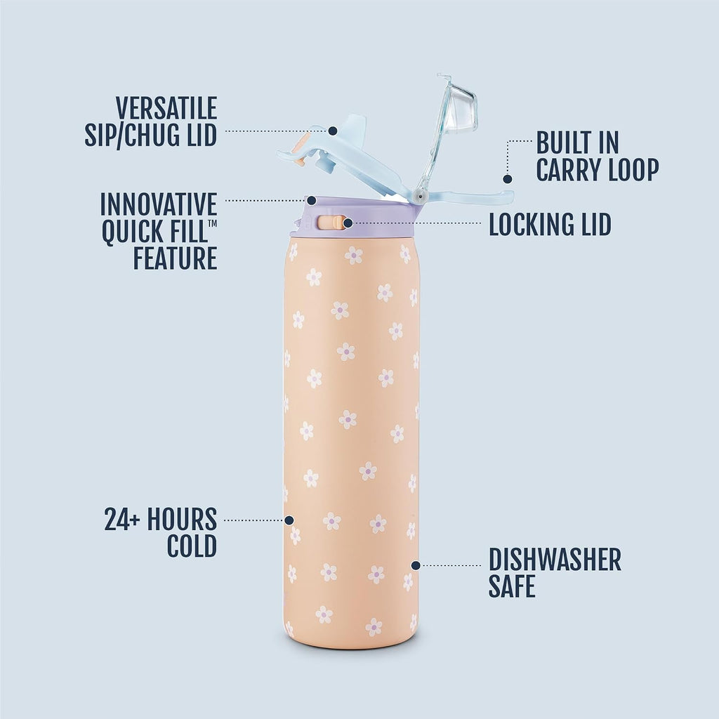 Ello Pop & Fill - Botella de agua aislada de acero inoxidable con tapa de llenado rápido, cierre a prueba de fugas, boquilla para sorber o beber, sin BPA, doble pared aislada al vacío para deportes