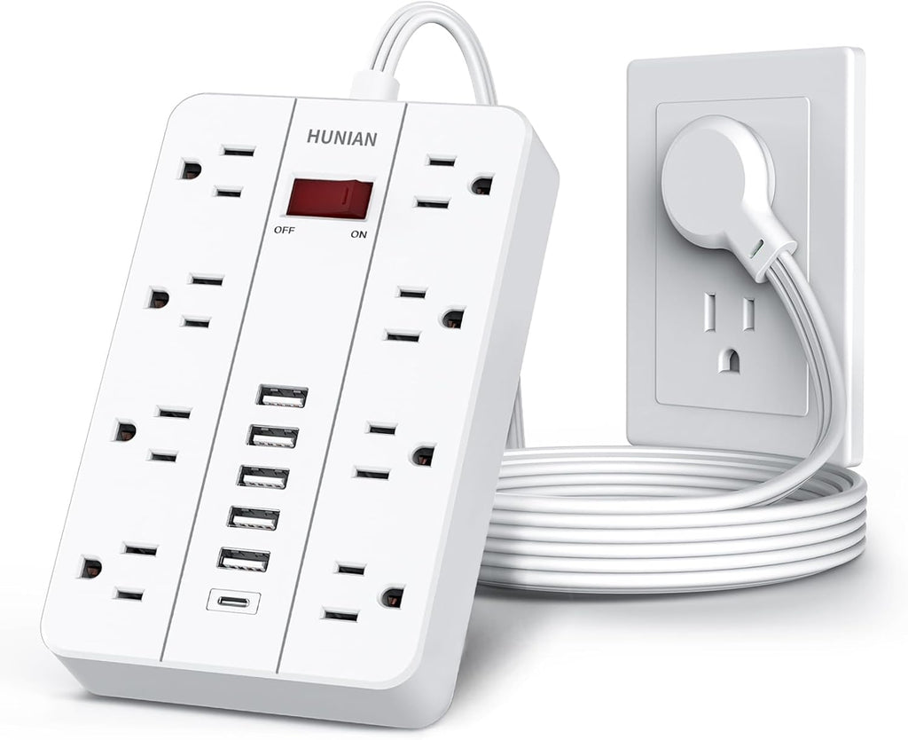 Regleta con USB, HUNIAN Cable de Extensión con Enchufe Plano, 5Ft, Blanco
