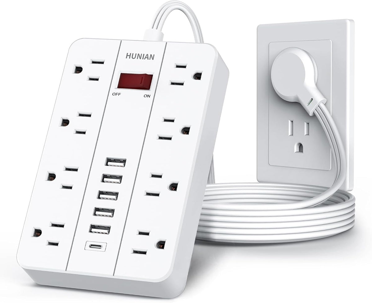 Regleta con USB, HUNIAN Cable de Extensión con Enchufe Plano, 5Ft, Blanco