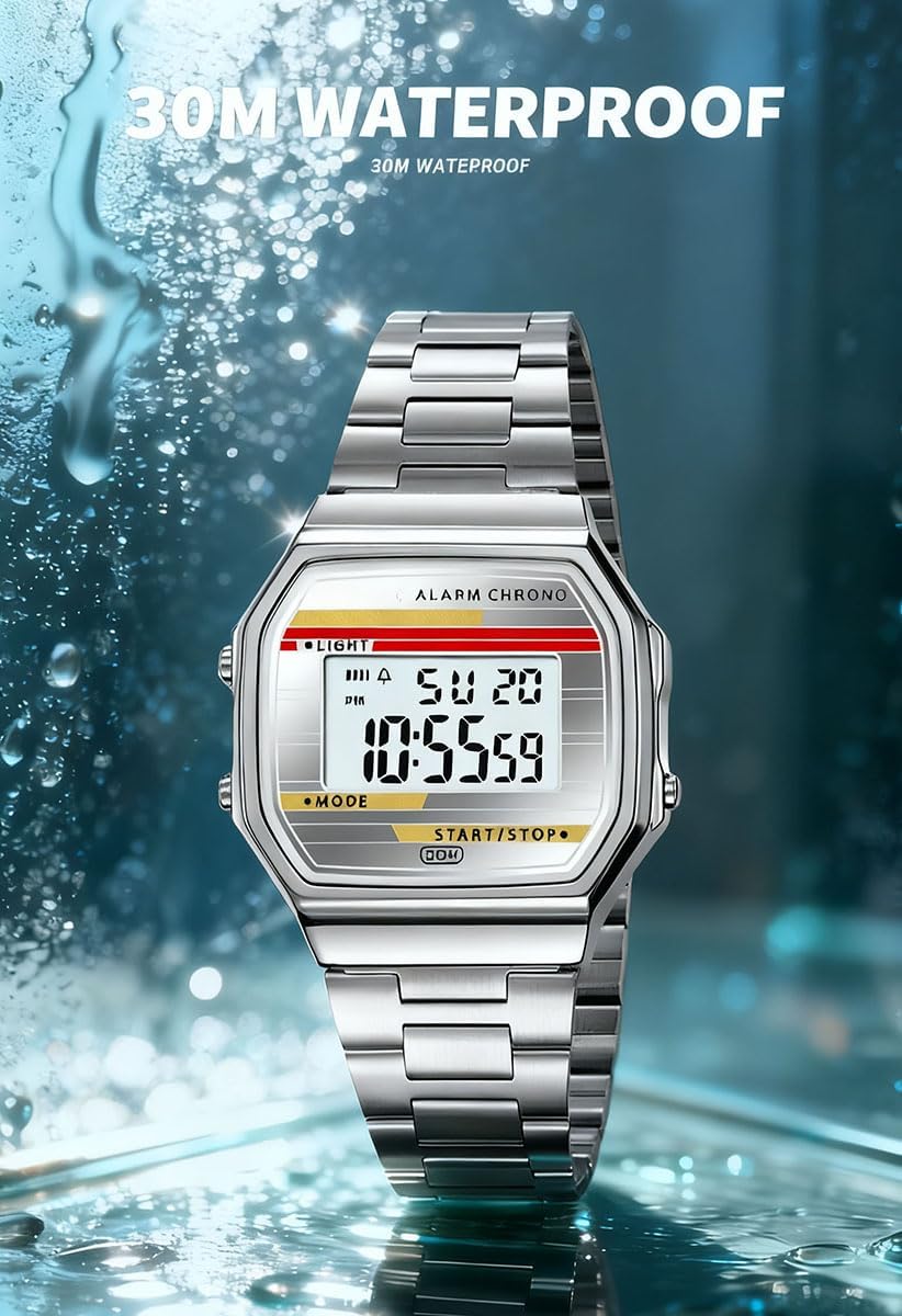 Reloj digital retro de acero inoxidable con banda de alarma, cronógrafo, luz LED, resistente al agua hasta 30 m, reloj de pulsera electrónico vintage para hombres y mujeres