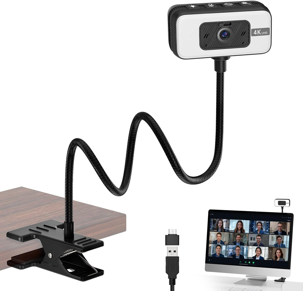 Cámara web 4K para PC con luz, enfoque automático PDAF y micrófono para