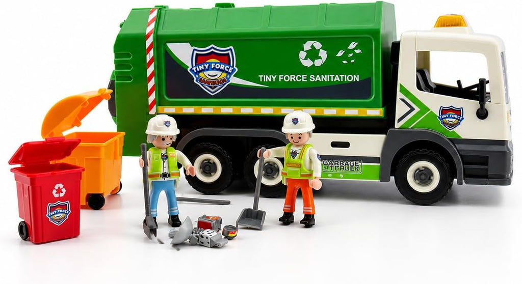 Juego de juguetes de camión de basura con 2 figuras de acción, contenedor de basura, accesorios de limpieza y basura de simulación, a partir de 4 años