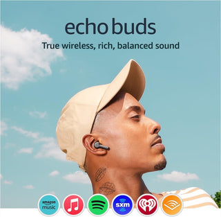 Amazon Echo Buds (modelo más reciente), Audífonos inalámbricos con Bluetooth 5.2 y Alexa, personalización de audio, multipunto, 20 horas de batería con estuche cargador, resistentes al sudor, Negro