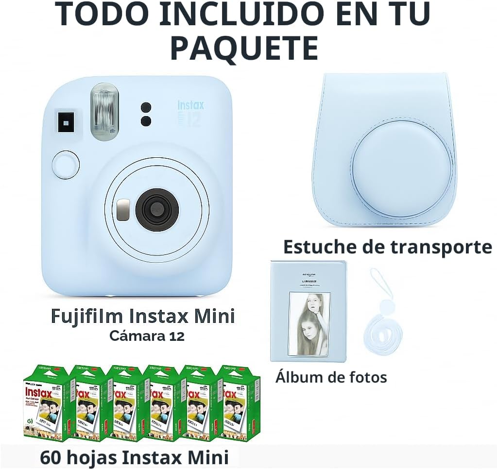 Cámara instantánea Fujifilm Instax Mini 12 color azul pastel y paqu...