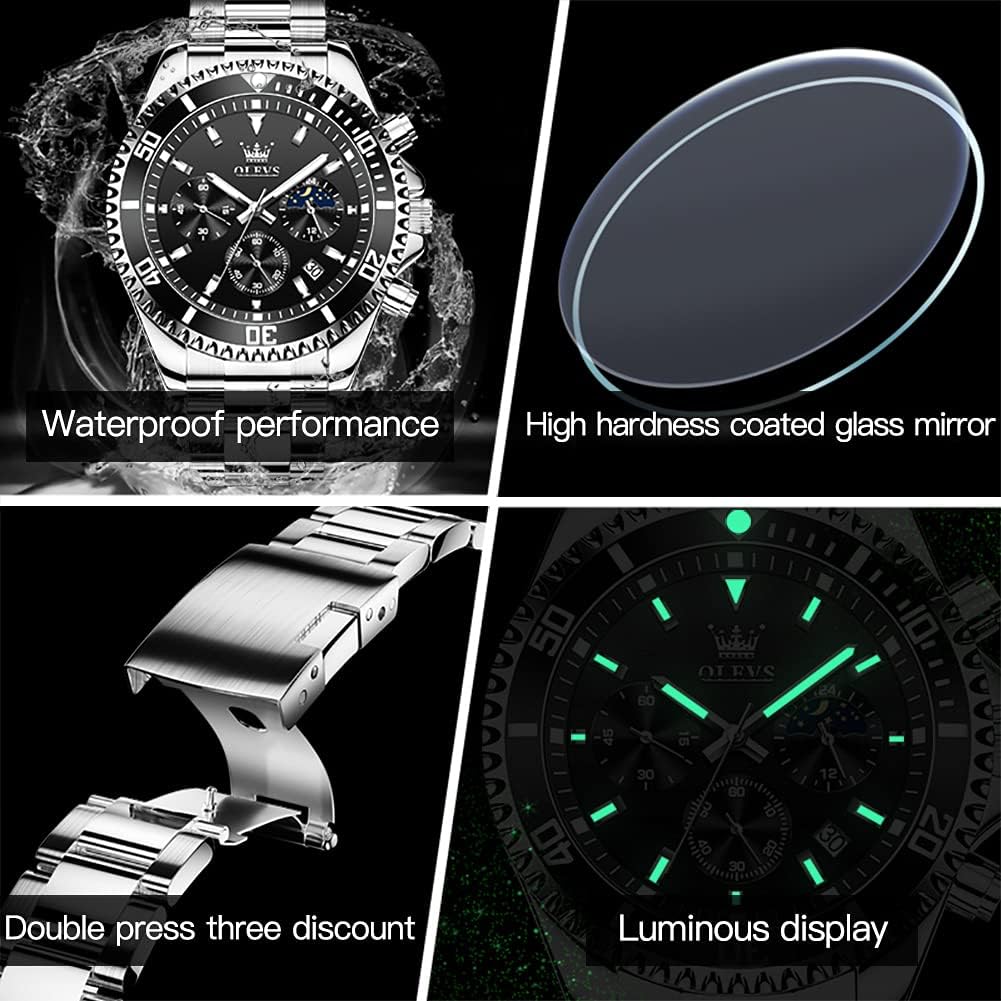 OLEVS Reloj para hombre impermeable de acero inoxidable, gran esfera, relojes para hombres, regalos