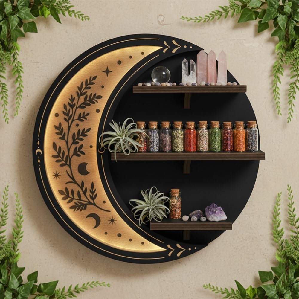 Estante de pared inalámbrico con luz LED | Decoración de luna de madera