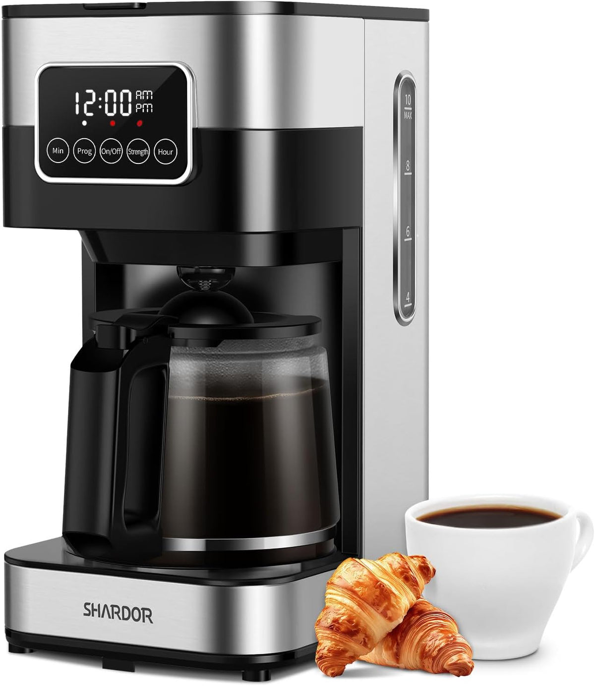 SHARDOR Cafetera programable de 10 tazas, cafetera de goteo regular y fuerte para el hogar y la oficina, apagado automático, filtro permanente, color plateado