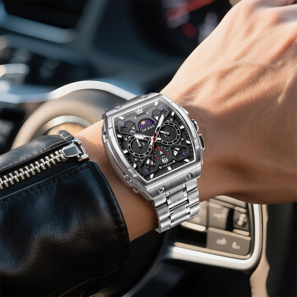 OLEVS Relojes para Hombres Business Dress Chronograph Cuadrado Grande Analógico con Correa de Silicona a prueba de agua con Fecha Regalo para Hombre Reloj de Muñeca Plateado
