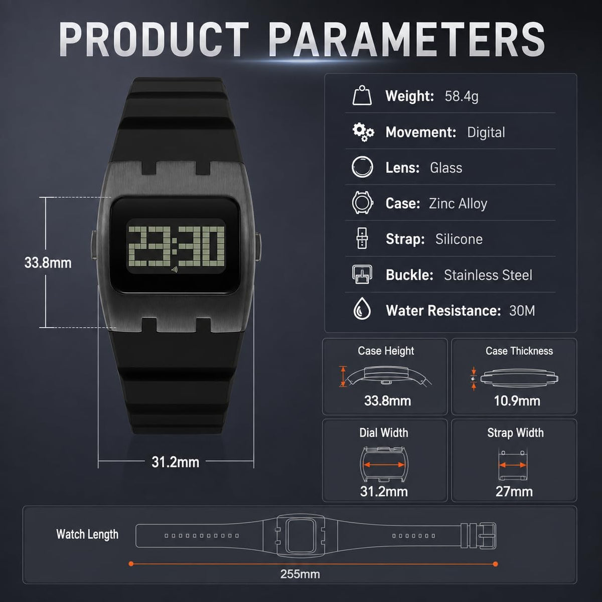 Reloj deportivo digital para hombre, impermeable, con pantalla LED, cronómetro, alarma, fecha, banda de silicona, reloj de pulsera ligero