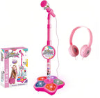 Lámpara Micrófono de karaoke para niños con soporte ajustable, micrófono de pie para cantar portátil, auriculares retráctiles para cantar música, base de luz intermitente para niños y niñas de 3 a 6 años (rosa)