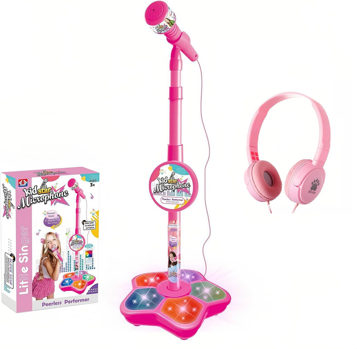 Lámpara Micrófono de karaoke para niños con soporte ajustable, micrófono de pie para cantar portátil, auriculares retráctiles para cantar música, base de luz intermitente para niños y niñas de 3 a 6 años (rosa)