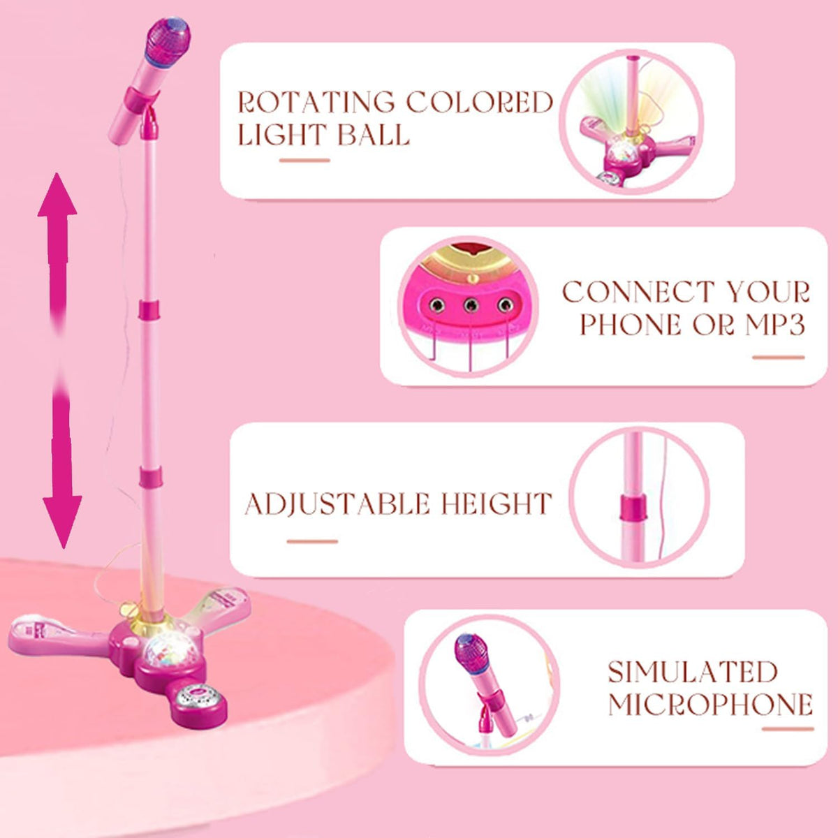 Máquina de karaoke para niños con soporte ajustable, micrófonos para cantar junto con luces de escenario intermitentes rotacionales y pedales, regalo para niñas y niños