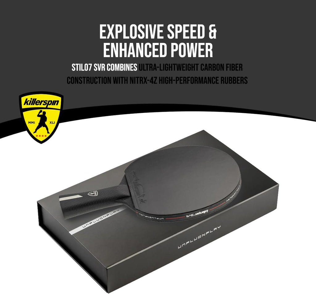 Killerspin Stilo7 SVR - Raqueta de ping pong, raqueta de tenis de mesa de nivel de rendimiento con tecnología de carbono, funda de libro de memoria, color negro
