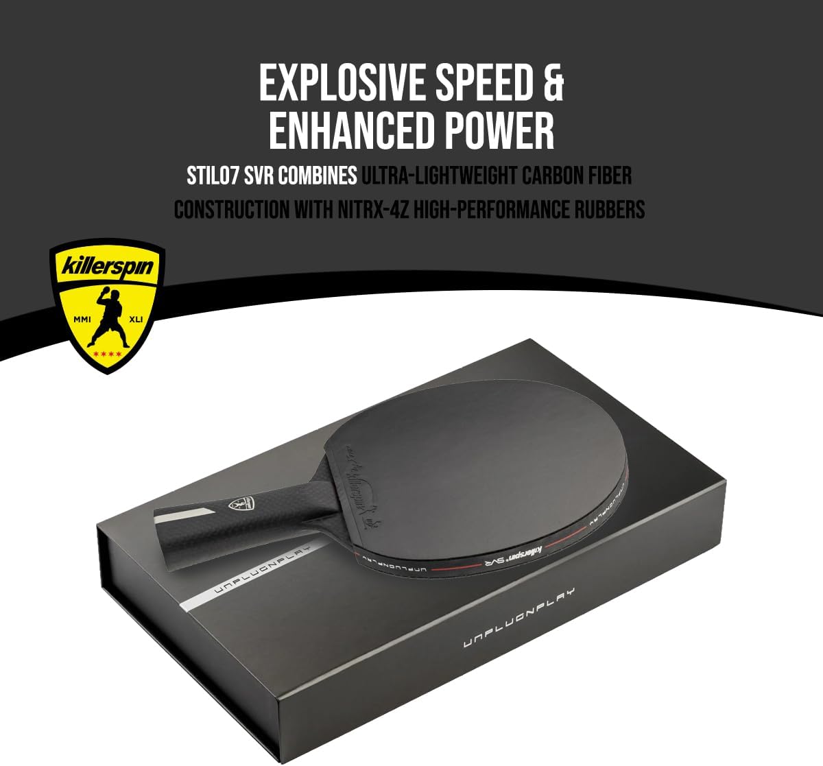 Killerspin Stilo7 SVR - Raqueta de ping pong, raqueta de tenis de mesa de nivel de rendimiento con tecnología de carbono, funda de libro de memoria, color negro