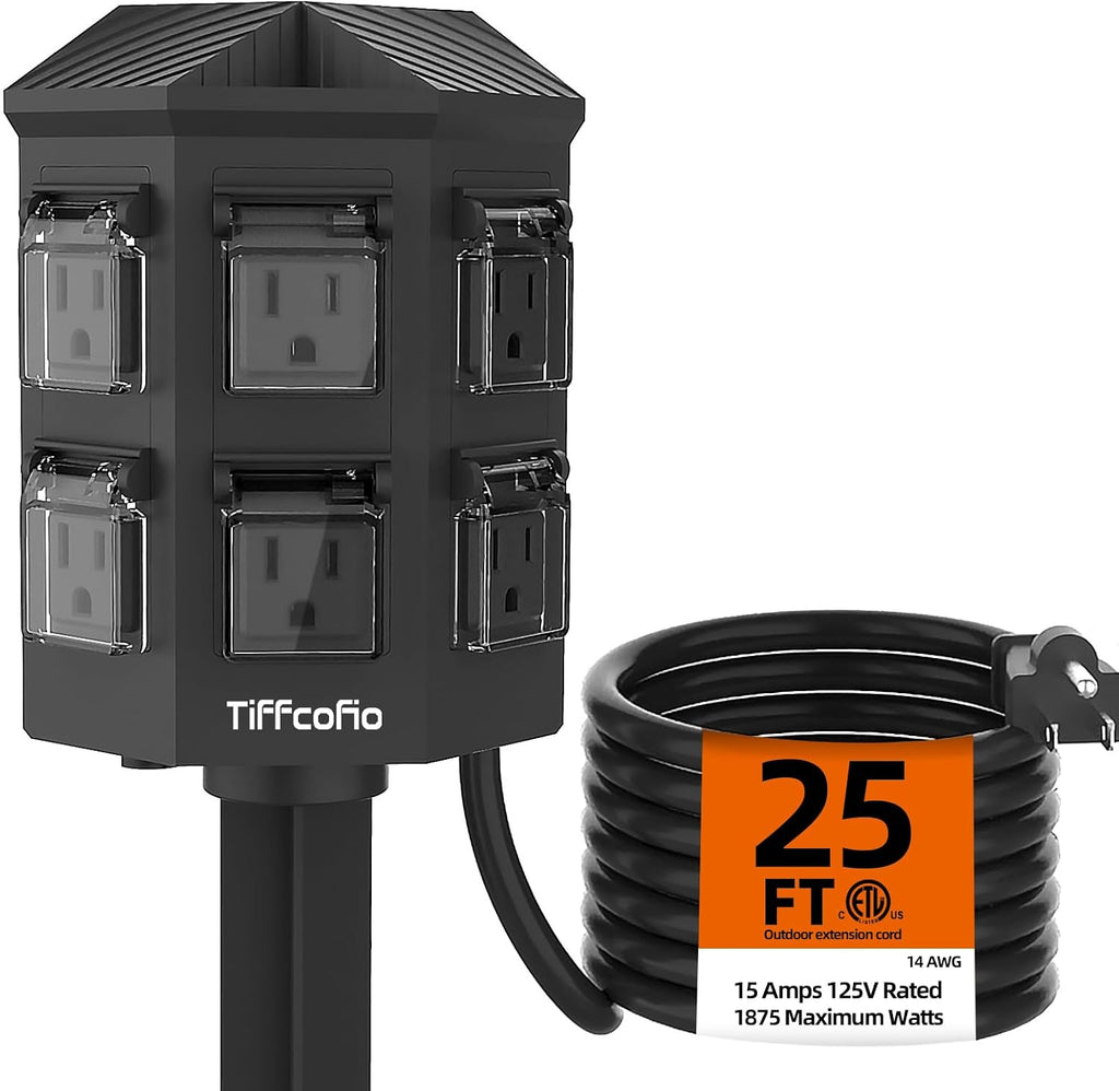 Tira de alimentación para exteriores resistente a la intemperie, cable de extensión de 25 pies con estaca, 6 tomas de tierra para decoraciones de Halloween y Navidad, 15A/1875W