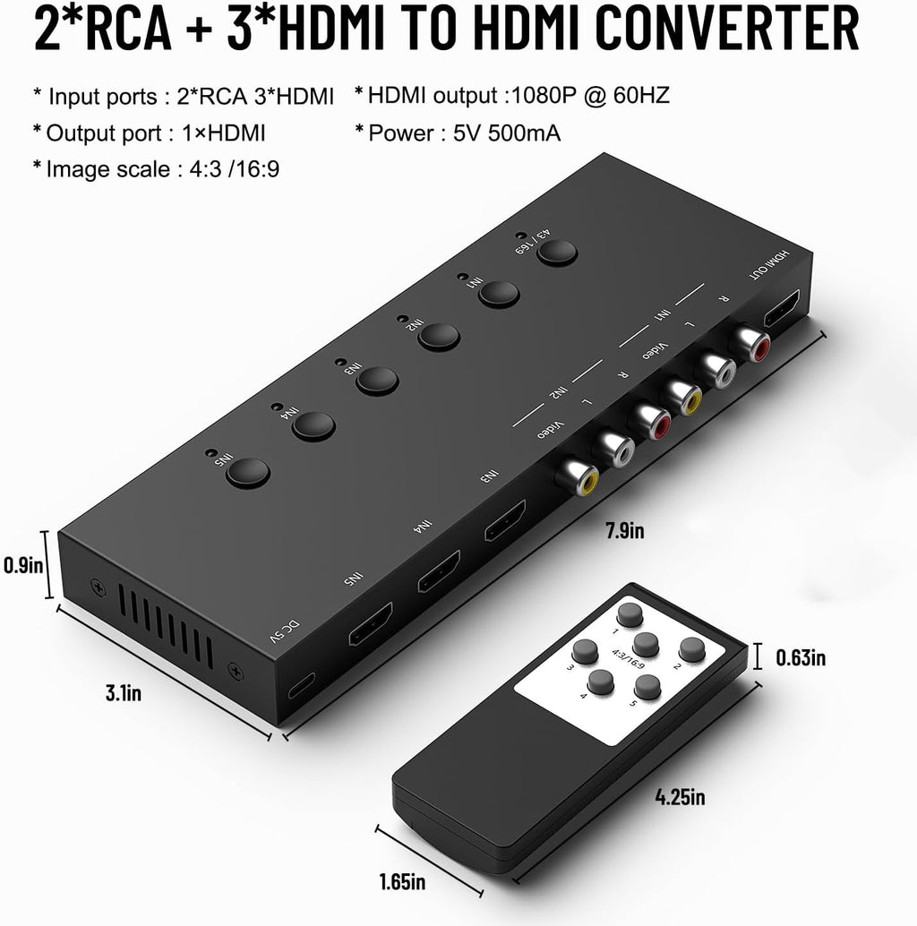 Interruptor HDMI/AV de 5 pulgadas a 1 salida (2 entradas AV+3 entradas HDMI 2.0) convertidor RCA a HDMI para PS1/2/3/4/5, N64, SNES, Switch, DVD, Roku, etc.