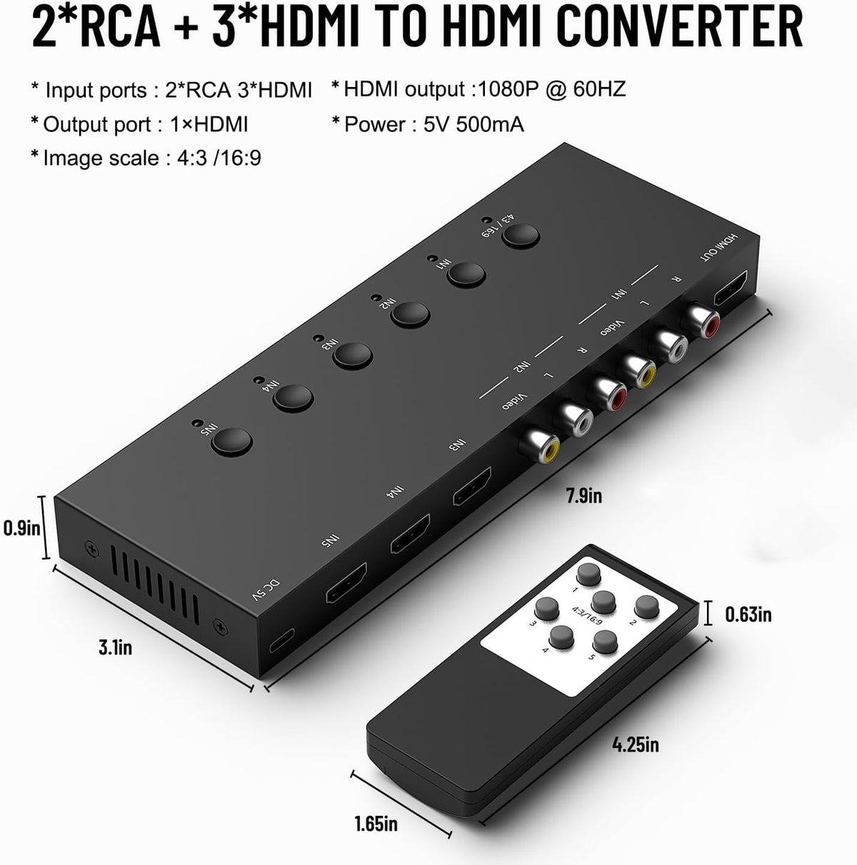 Interruptor HDMI/AV de 5 pulgadas a 1 salida (2 entradas AV+3 entradas HDMI 2.0) convertidor RCA a HDMI para PS1/2/3/4/5, N64, SNES, Switch, DVD, Roku, etc.
