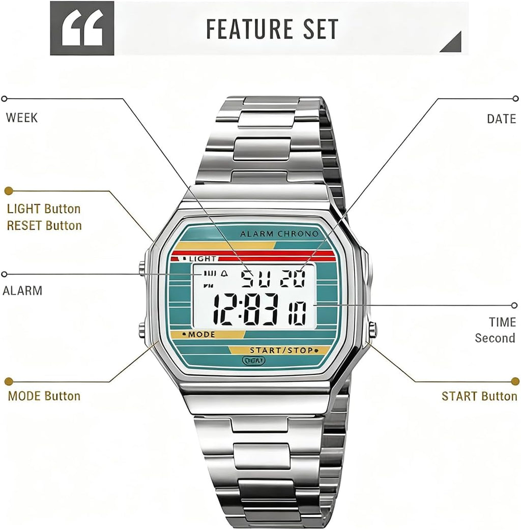 Reloj digital retro de acero inoxidable con banda de alarma, cronógrafo, luz LED, resistente al agua hasta 30 m, reloj de pulsera electrónico vintage para hombres y mujeres