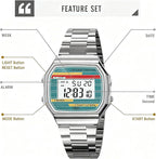Reloj digital retro de acero inoxidable con banda de alarma, cronógrafo, luz LED, resistente al agua hasta 30 m, reloj de pulsera electrónico vintage para hombres y mujeres