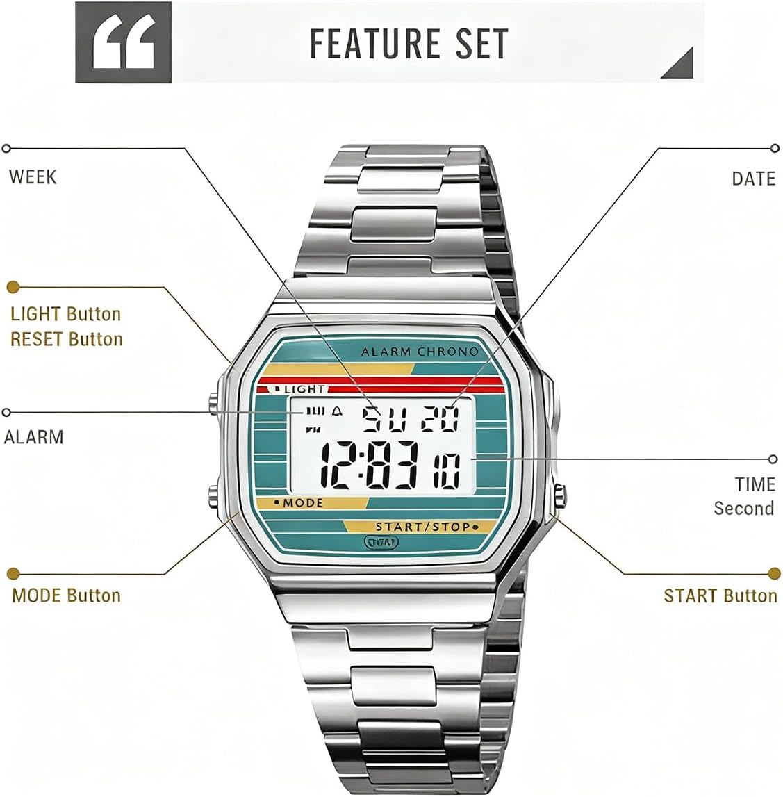 Reloj digital retro de acero inoxidable con banda de alarma, cronógrafo, luz LED, resistente al agua hasta 30 m, reloj de pulsera electrónico vintage para hombres y mujeres