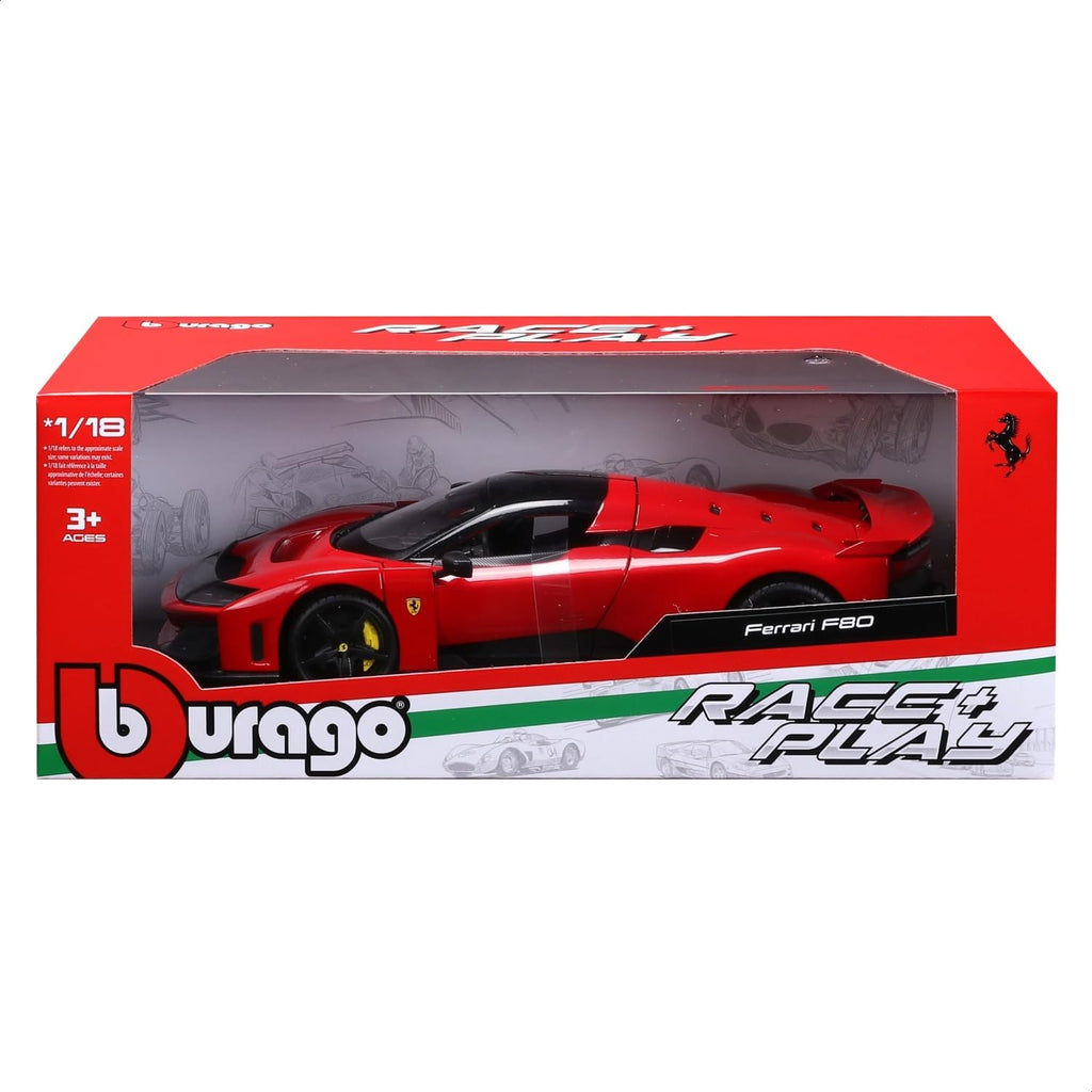 Bburago – Ferrari F80 a escala 1:18, modelo fundido a presión en el legendario rojo Ferrari, réplica detallada con puertas y baúl que se pueden abrir, licencia oficial de Ferrari, edad recomendada 3+
