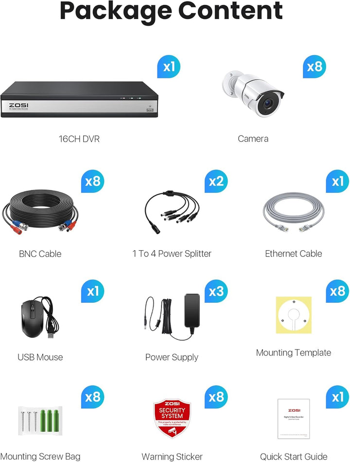 ZOSI Sistema de cámara de seguridad con cable de 16 canales, 8 cáma...
