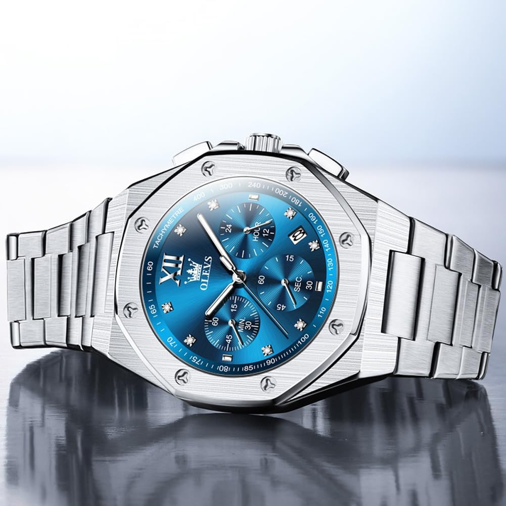 OLEVS Reloj para hombre Big Face Acero inoxidable Impermeable Luminoso Diamante
