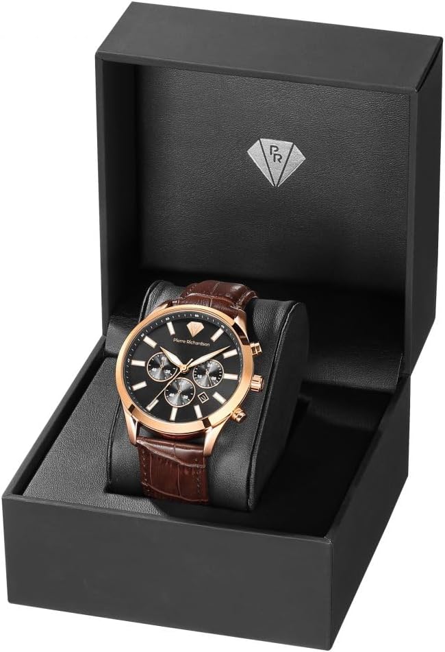 PIERRE RICHARDSON Reloj de lujo para hombre PR2320 - Cuarzo de acero inoxidable plateado, 1.732 in, resistente al agua 5ATM, cristal de zafiro resistente a los arañazos