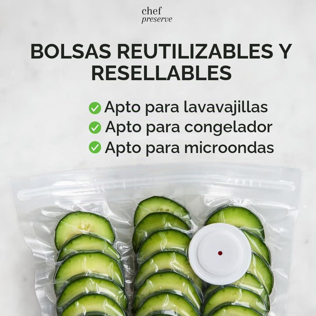 Chef Preserve Sellador al Vacío Compacto para Alimentos (Máquina Selladora al Vacío + 30 Bolsas al Vacío Reutilizables) Potente Máquina Selladora al Vacío Portátil, Sellador de Comida Portátil