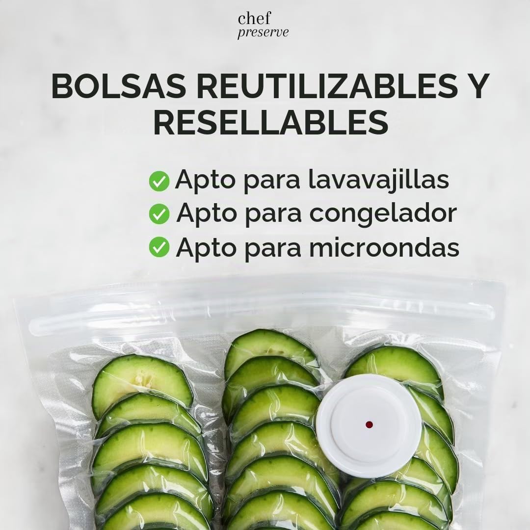 Chef Preserve Sellador al Vacío Compacto para Alimentos (Máquina Selladora al Vacío + 30 Bolsas al Vacío Reutilizables) Potente Máquina Selladora al Vacío Portátil, Sellador de Comida Portátil