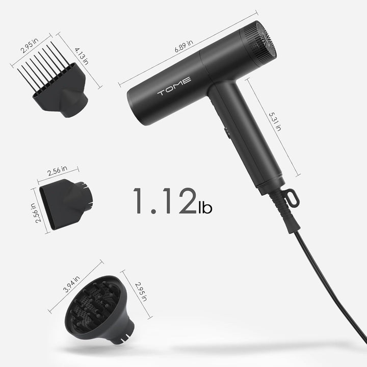 TOME Secador de pelo de 1875 W, motor de alta velocidad, sin escobi...