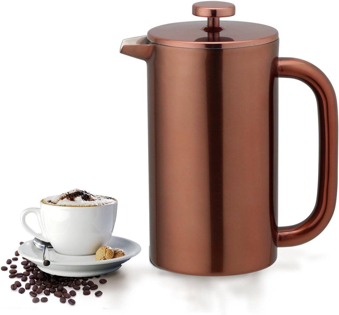 Cafetera de 8 tazas, con prensa de café francesa, 34 onzas, acero inoxidable, resistente, tetera con desatascador de acero inoxidable, Vajilla, Cobre