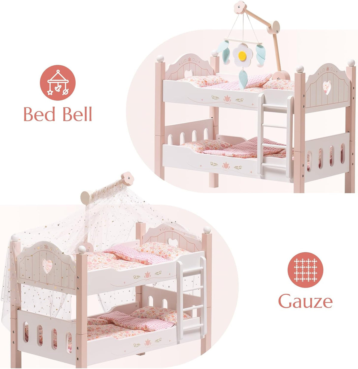 ROBUD Cuna para muñeca bebé, camas de madera para muñecas bebé de 20 pulgadas, literas para muñecas bebé con tul, cama para muñeca American Girl para regalos, rosa