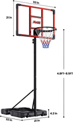 Anillo/Canasta Portátil de 32" para Baloncesto al Aire Libre, Altura Ajustable de 4.1–8.5 pies