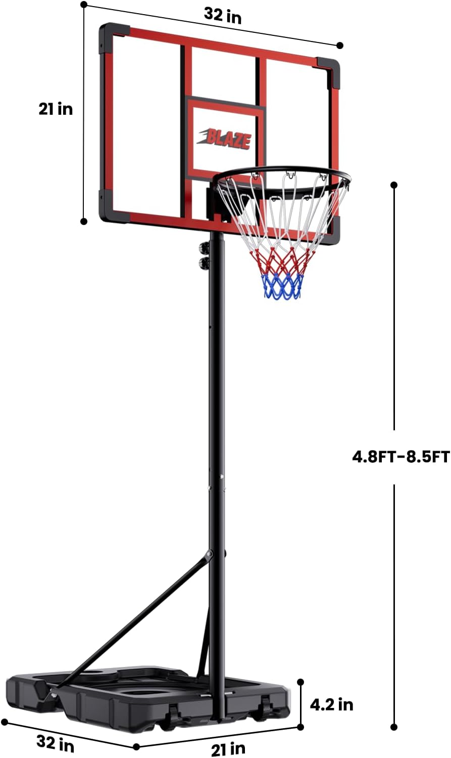 Anillo/Canasta Portátil de 32" para Baloncesto al Aire Libre, Altura Ajustable de 4.1–8.5 pies