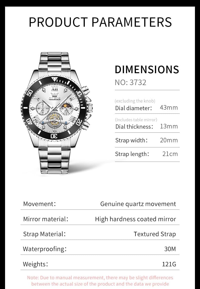 OLEVS Reloj de caballero Cronógrafo de lujo con fases de la luna, dos tonos, acero inoxidable, a prueba de agua, luminiscente, calendario empresarial, reloj de pulsera