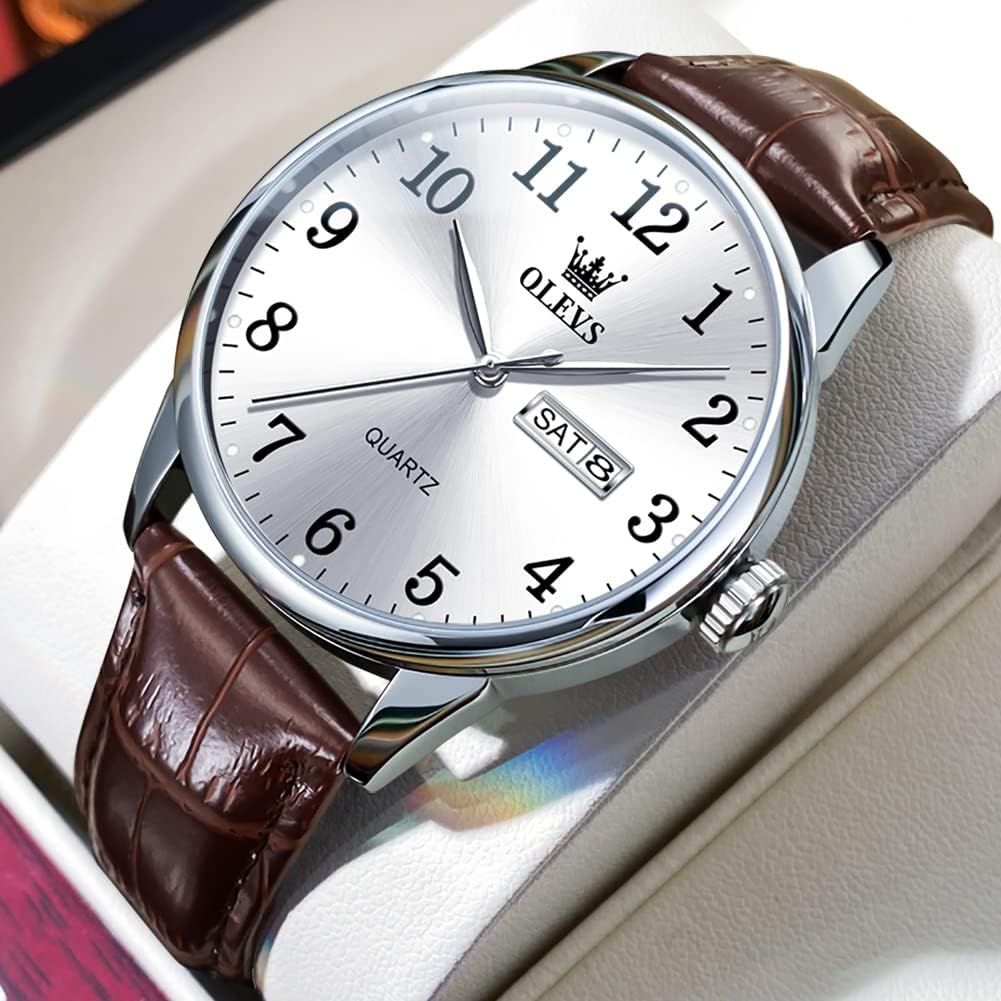 OLEVS Relojes de Cuero para Hombres, Casual, Fácil de leer, Quartz, Números, Resistente al Agua