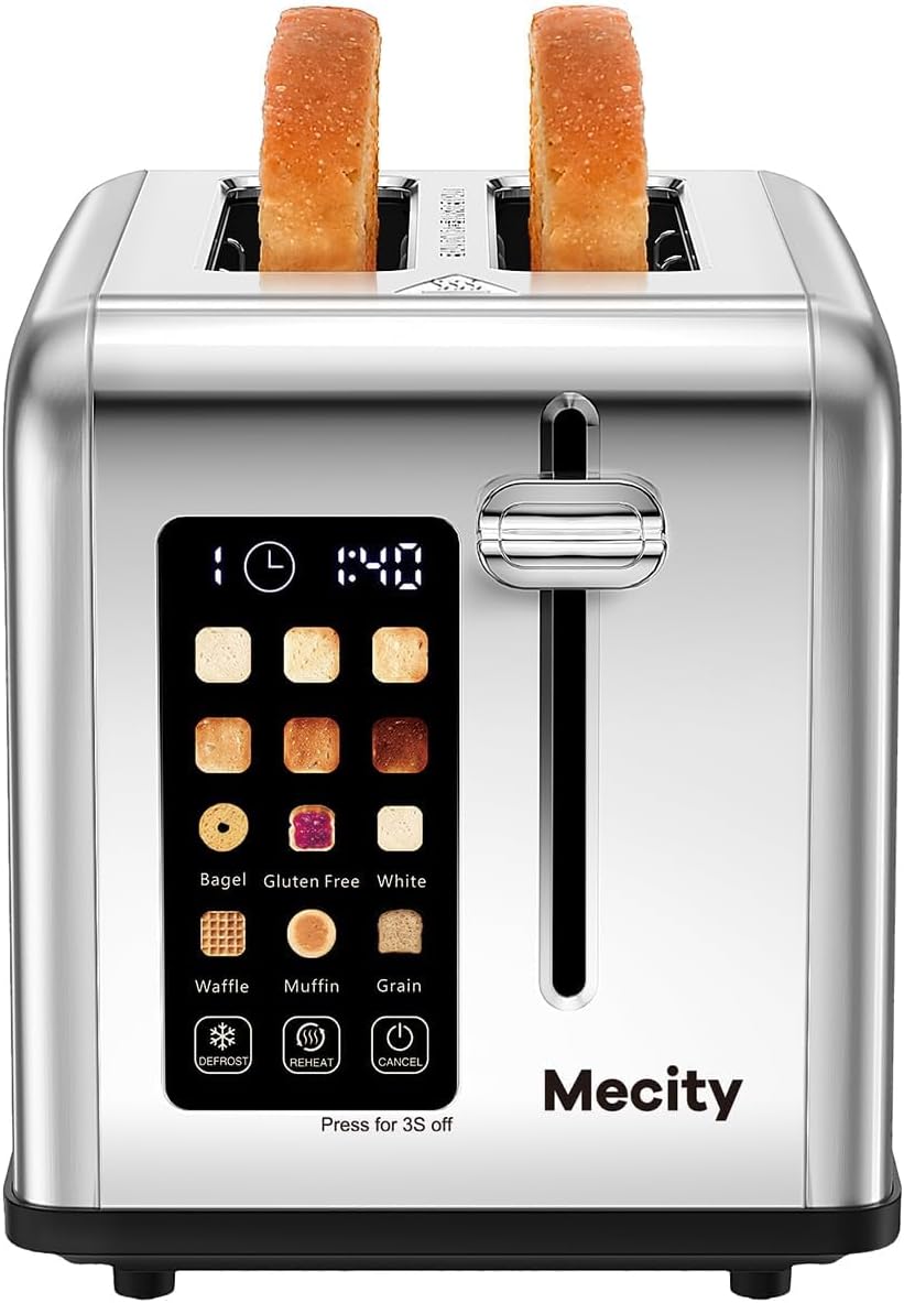 Mecity Tostadora de 2 Rebanadas con Pantalla Táctil, Ranura Ancha de 1.5", Tostadora de Pan Inteligente de Acero Inoxidable para Bagel, Muffin, Waffle, Panes Sin Gluten, Temporizador, Descongelación