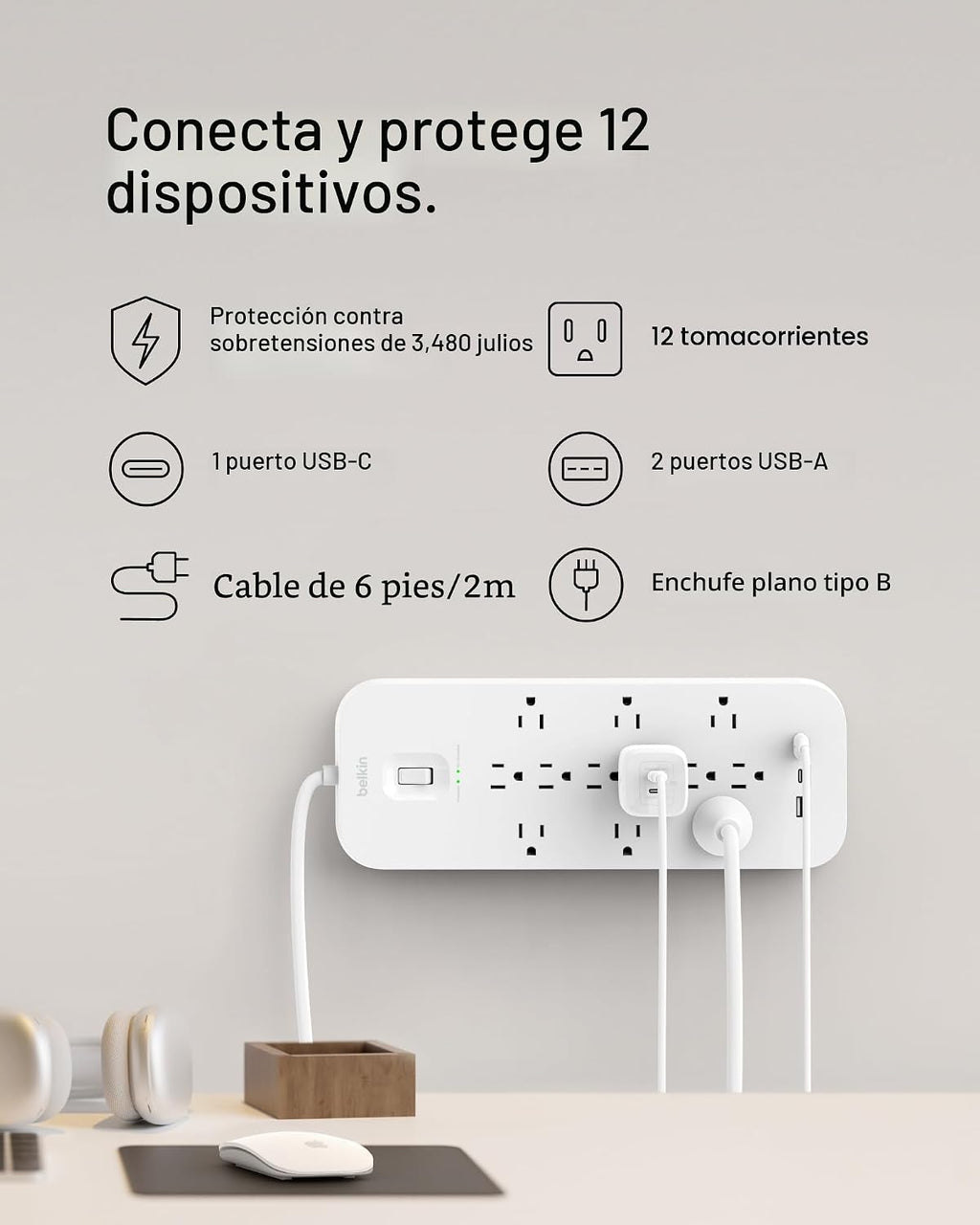 Belkin Regleta de protección contra sobretensiones de 12 salidas con 12 salidas de CA, 2 puertos USB-A y 1 puerto USB-C, cable de 6 pies, certificado UL con protección contra sobrecarga y sobretensión