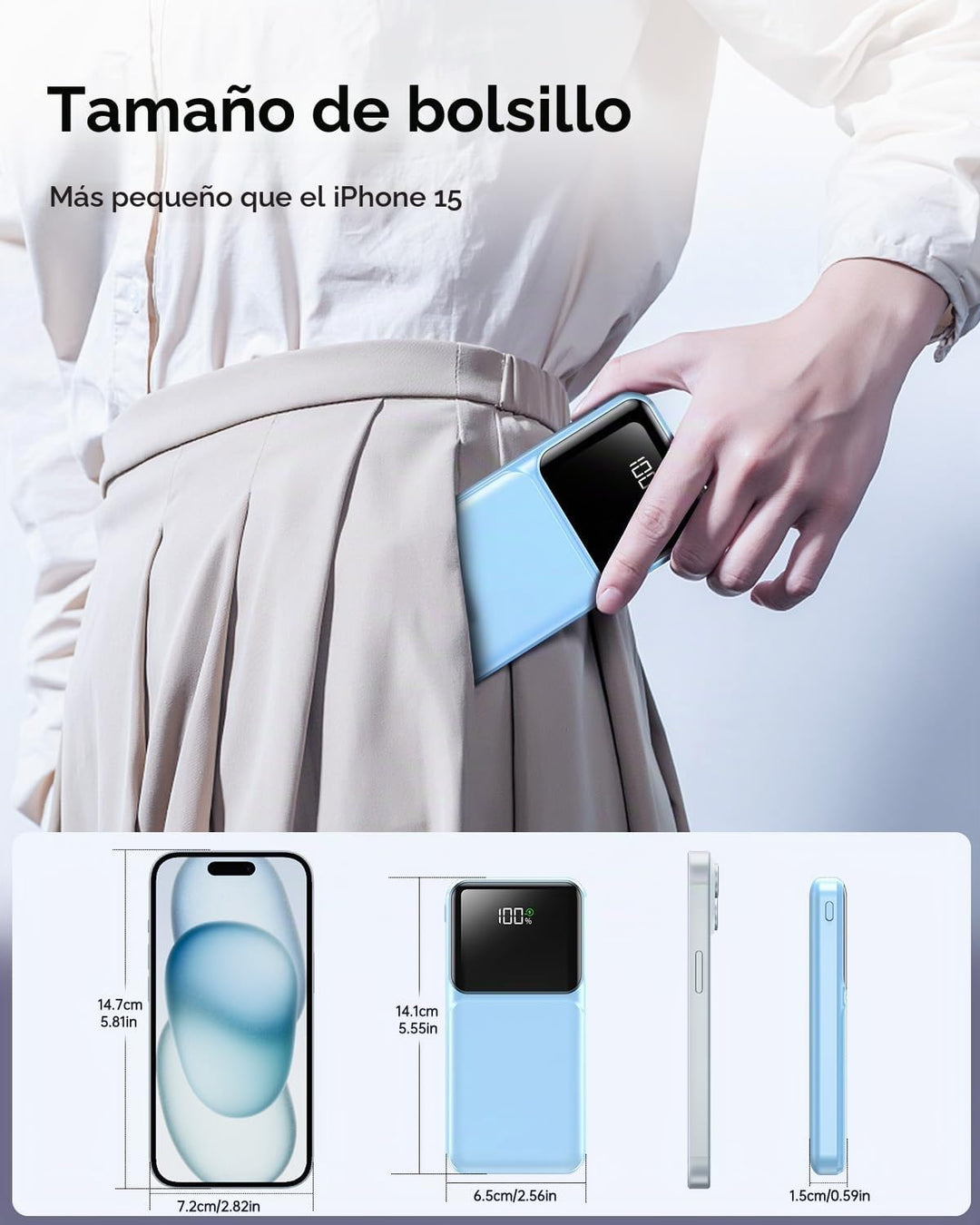 Cargador Portátil con Cable Integrado - Banco de Energía de 20000mA...