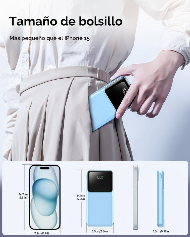 Cargador Portátil con Cable Integrado - Banco de Energía de 20000mA...
