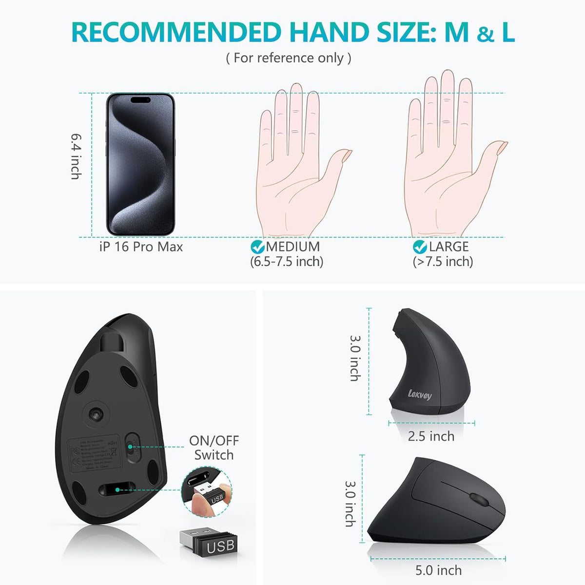 Ratón ergonómico, LEKVEY ratón vertical inalámbrico recargable - ra...